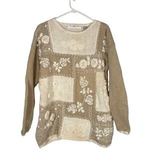 Maggie Lawrence Women’s Cream & Tan Ramie Blend Long Sleeve Knit Sweater Med VTG